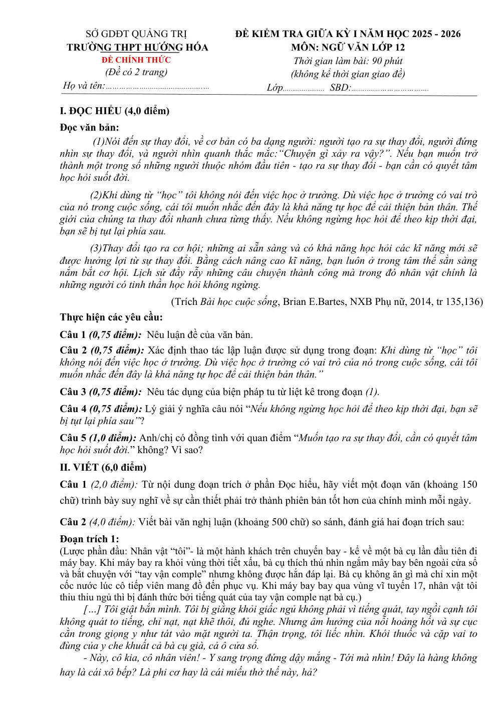 Đề thi Giữa kì 1 Ngữ văn 12 năm 2025-2026 trường THPT Hướng Hóa (Quảng Trị) - trang 1