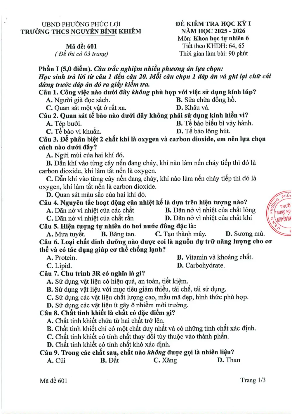 Đề thi Học kì 1 KHTN 6 năm 2025-2026 trường THCS Nguyễn Bỉnh Khiêm (Hà Nội) - trang 1