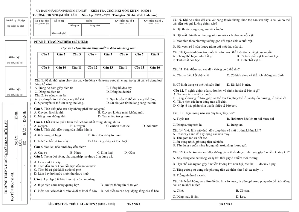 Đề thi Học kì 1 KHTN 6 năm 2025-2026 trường THCS Phạm Hữu Lầu (TP Hồ Chí Minh) - trang 1