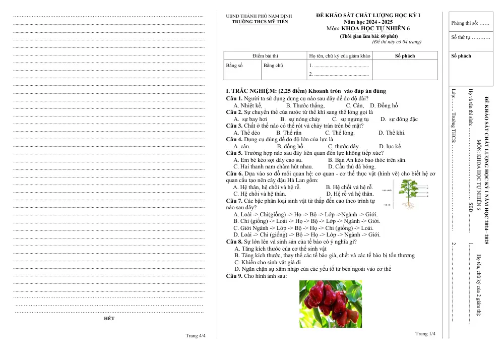Đề thi Học kì 1 KHTN 6 năm 2024-2025 trường THCS Mỹ Tiến (Nam Định) - trang 1