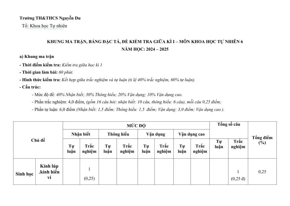 Đề thi Giữa kì 1 KHTN 6 năm 2024-2025 trường TH&THCS Nguyễn Du (Quảng Nam) - trang 1