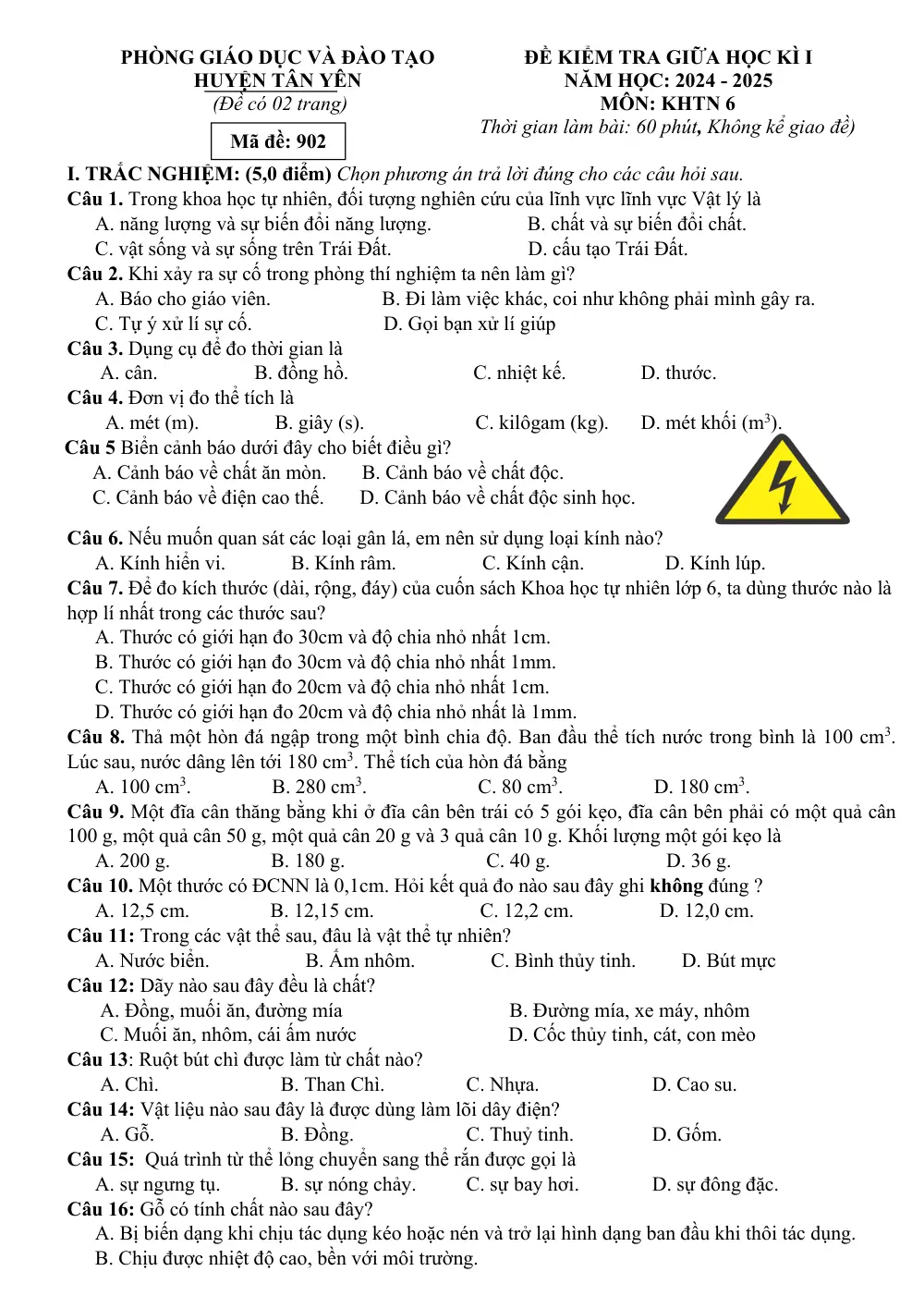 Đề thi Giữa kì 1 KHTN 6 năm 2024-2025 Phòng GD&ĐT Tân Yên (Bắc Giang) - trang 1