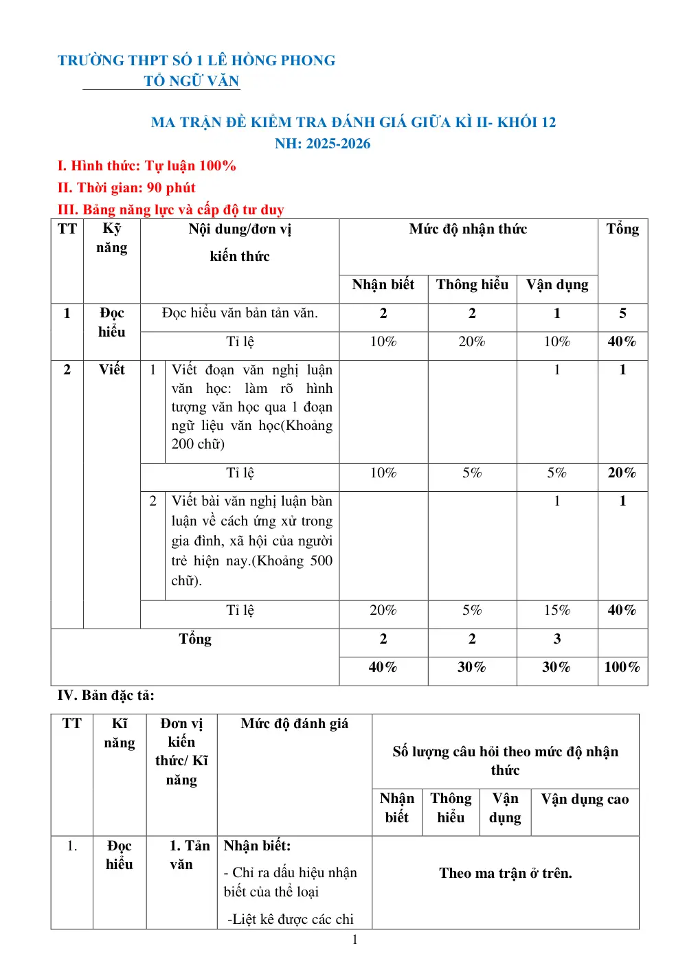 Đề thi Giữa kì 2 Ngữ văn 12 năm 2025-2026 số 1 Lê Hồng Phong (Đắk Lắk) - trang 1