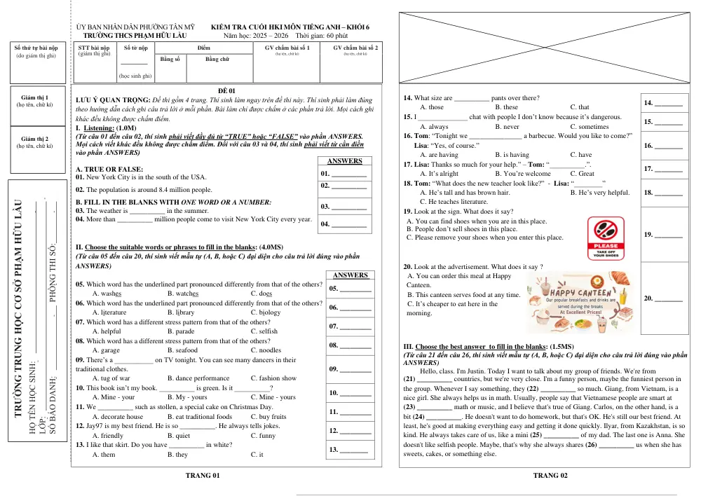 Đề thi Học kì 1 Tiếng Anh 6 năm 2025-2026 trường THCS Phạm Hữu Lầu (TP Hồ Chí Minh) - trang 1