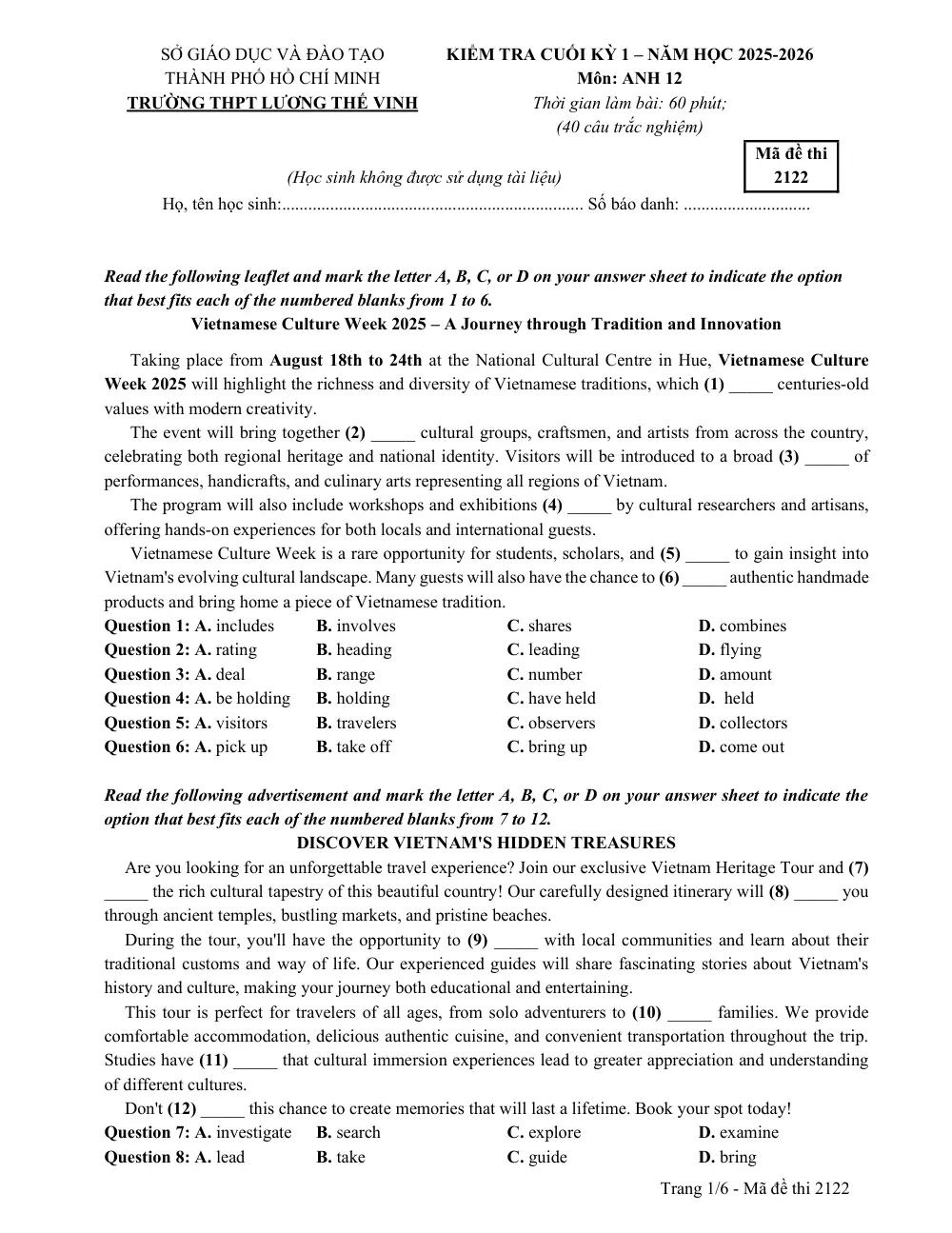 Đề thi Học kì 1 Tiếng Anh 12 năm 2025-2026 trường THPT Lương Thế Vinh (TP Hồ Chí Minh) - trang 7