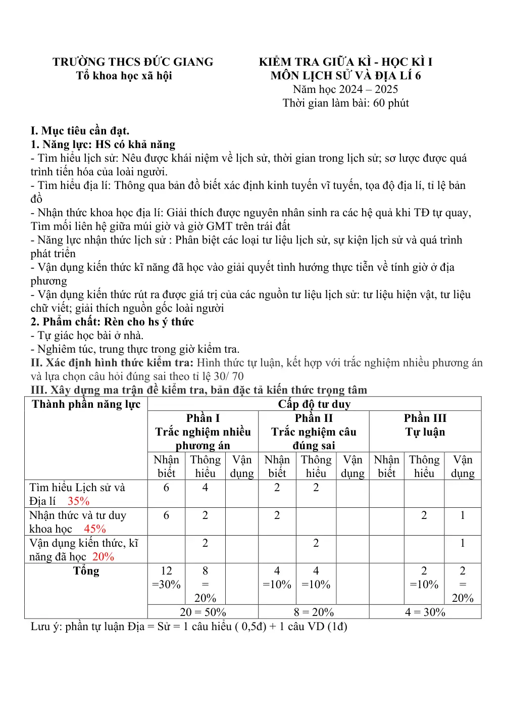 Đề thi Giữa kì 1 Lịch sử và Địa lí 6 năm 2024-2025 trường THCS Đức Giang (Hà Nội) - trang 1
