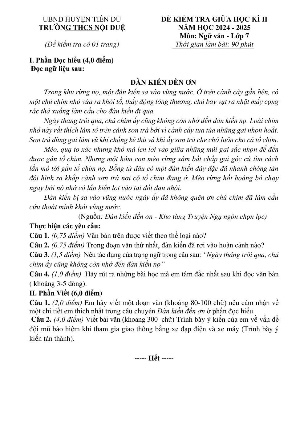 Đề thi Giữa kì 2 Ngữ văn 7 năm 2024-2025 trường THCS Nội Duệ (Bắc Ninh) - trang 2