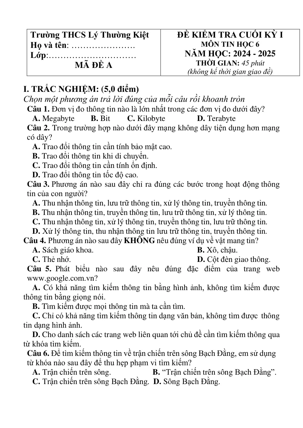 Đề thi Học kì 1 Tin học 6 năm 2024-2025 trường THCS Lý Thường Kiệt (Quảng Nam) - trang 4