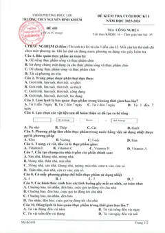 Trang đầu Đề thi Học kì 1 Công nghệ 6 năm 2025-2026 trường THCS Nguyễn Bỉnh Khiêm (Hà Nội)