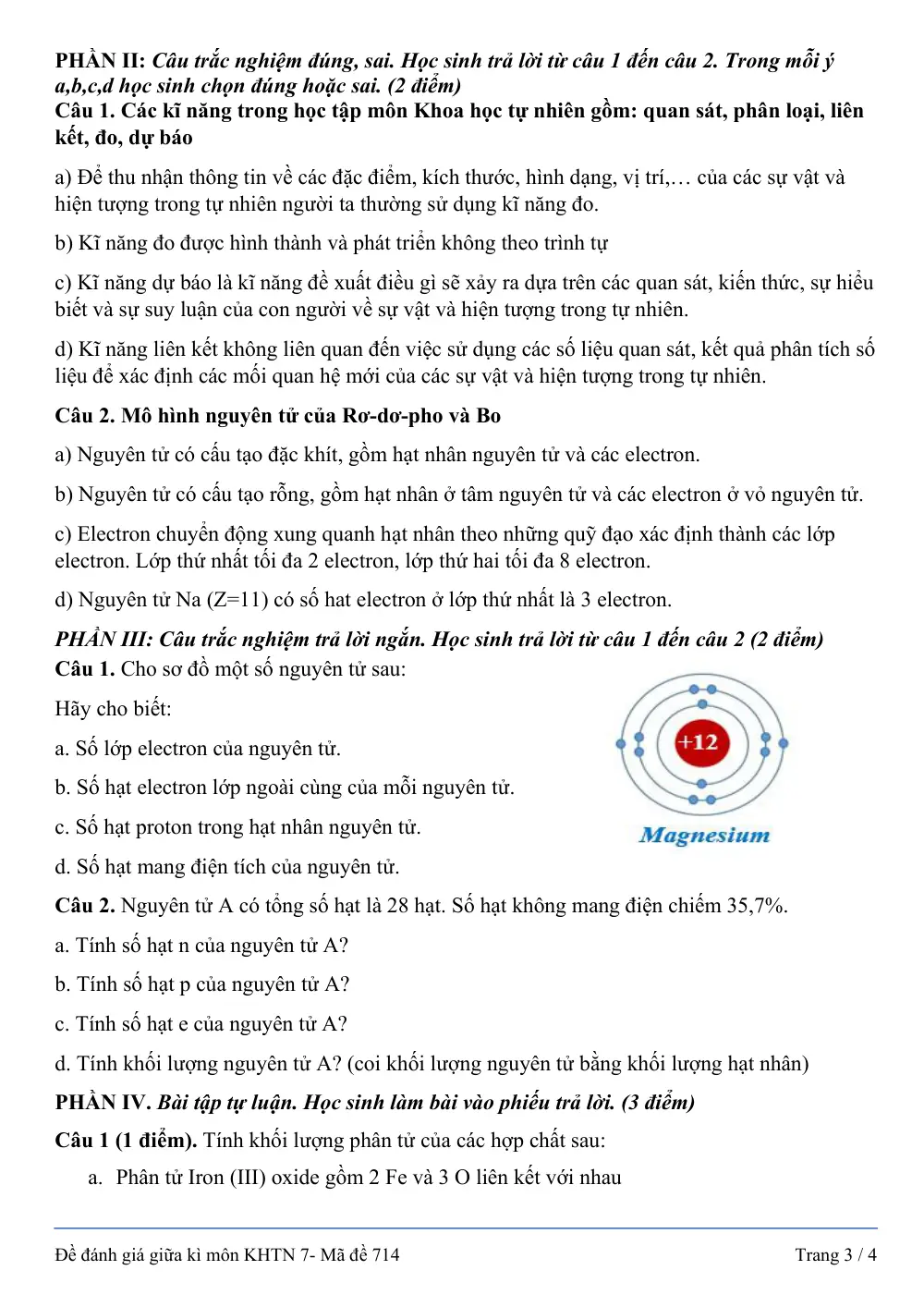 Đề thi Giữa kì 1 KHTN 7 năm 2024-2025 trường THCS Thạch Bàn (Hà Nội) - trang 3