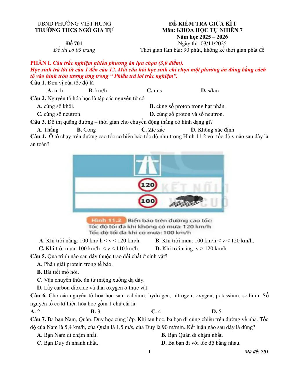 Đề thi Giữa kì 1 KHTN 7 năm 2025-2026 trường THCS Ngô Gia Tự (Hà Nội) - trang 1