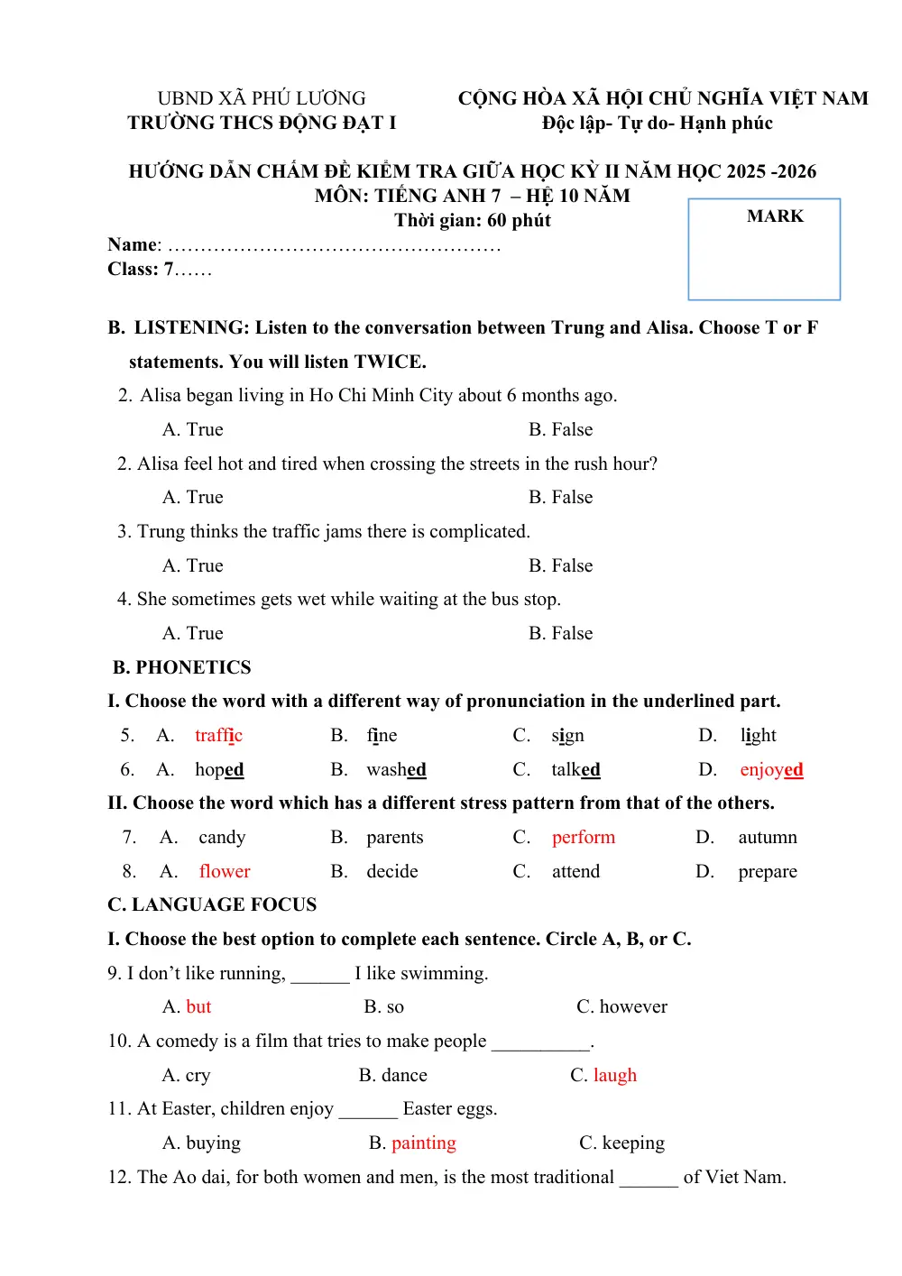 Đề thi Giữa kì 2 Tiếng Anh 7 năm 2025-2026 trường THCS Động Đạt I (Thái Nguyên) - trang 5