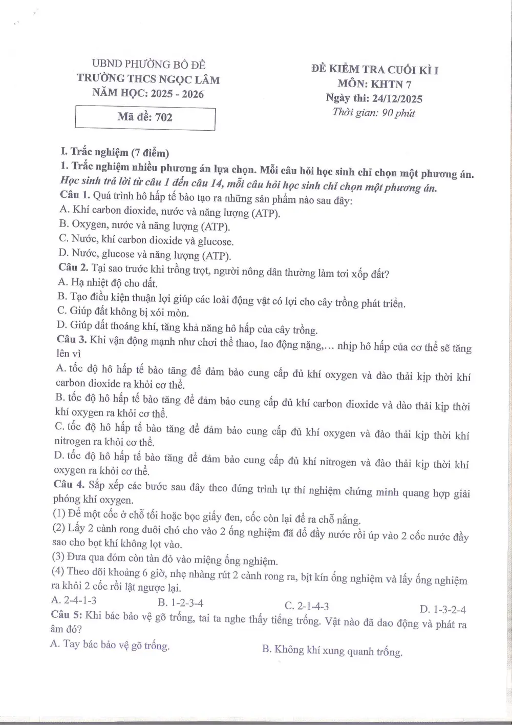 Đề thi Học kì 1 KHTN 7 năm 2025-2026 trường THCS Ngọc Lâm (Hà Nội) - trang 5