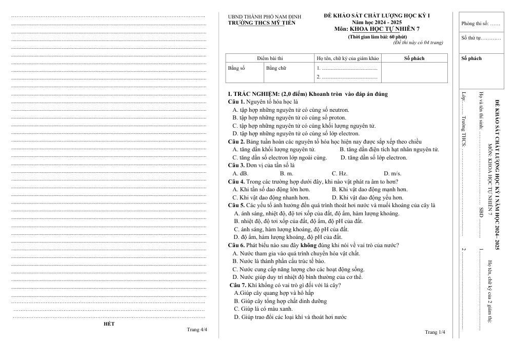 Đề thi Học kì 1 KHTN 7 năm 2024-2025 trường THCS Mỹ Tiến (Nam Định) - trang 1