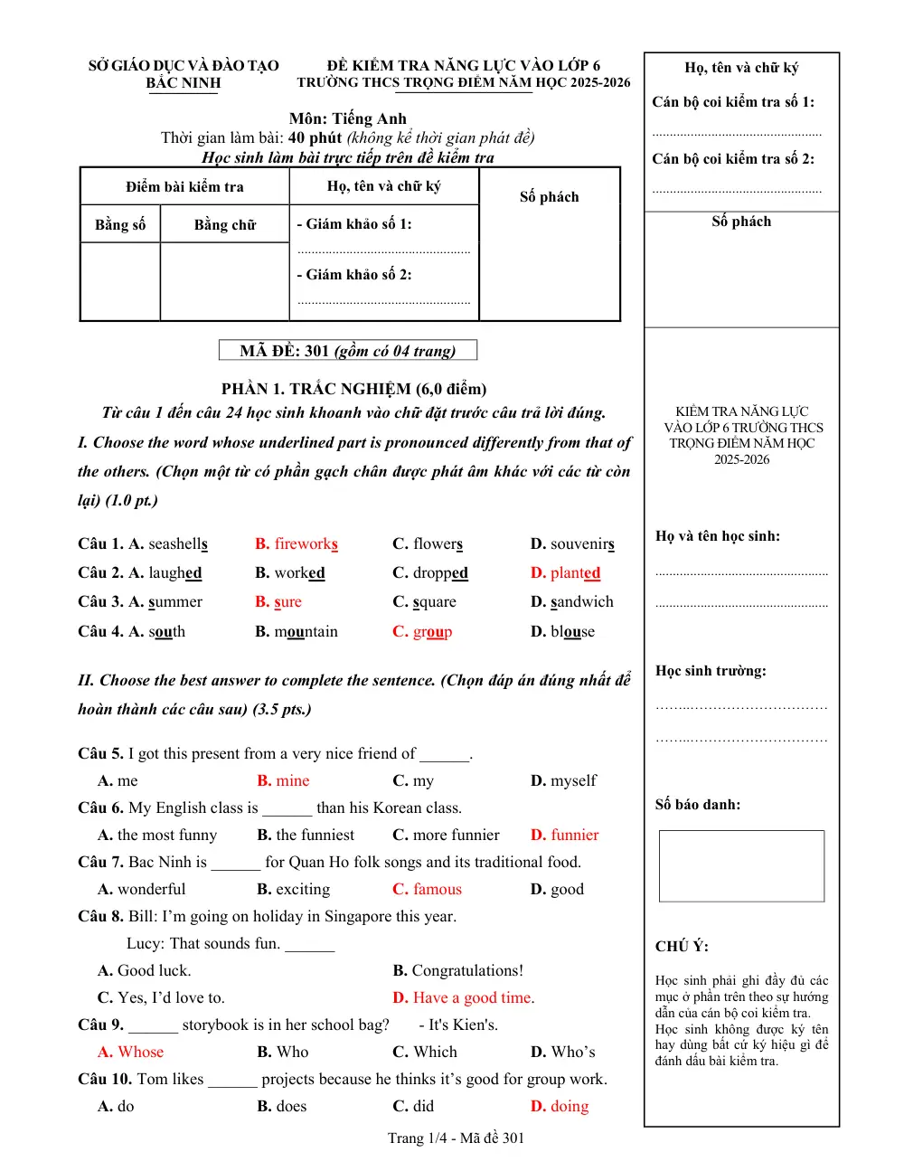 Đề thi vào lớp 6 môn Tiếng Anh trường THCS tien đủ Bac ninhnam 2025 - trang 1