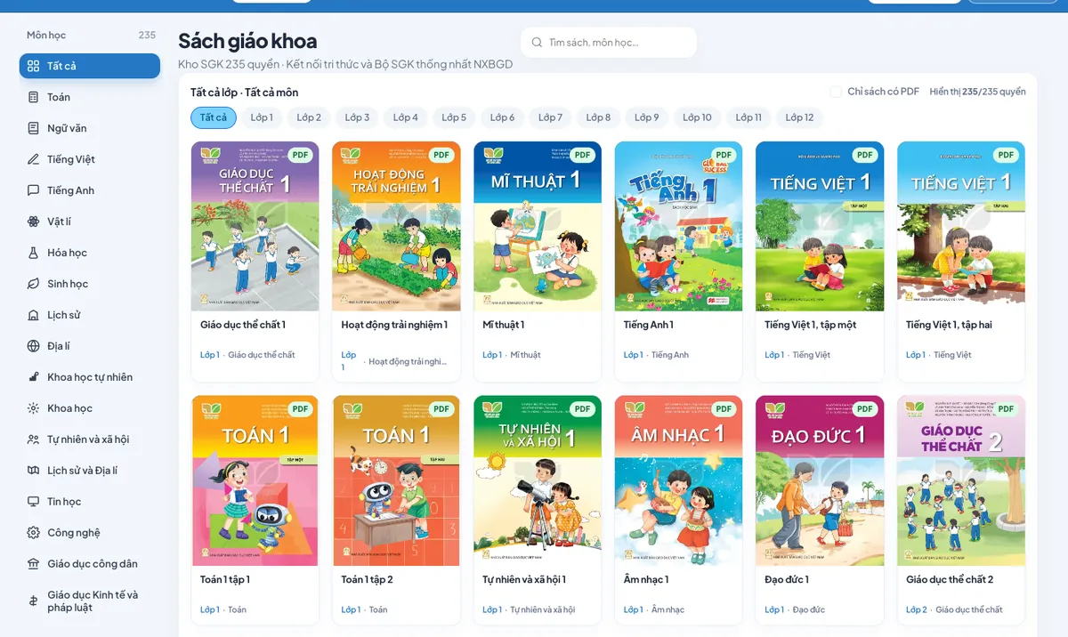 Giao diện Sách giáo khoa điện tử trên MasterSchool