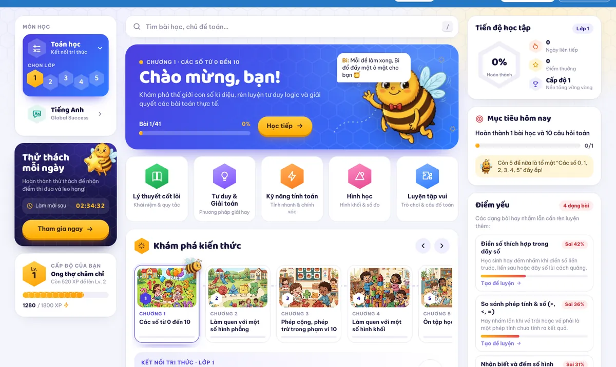 Giao diện Không gian Tiểu học trên MasterSchool